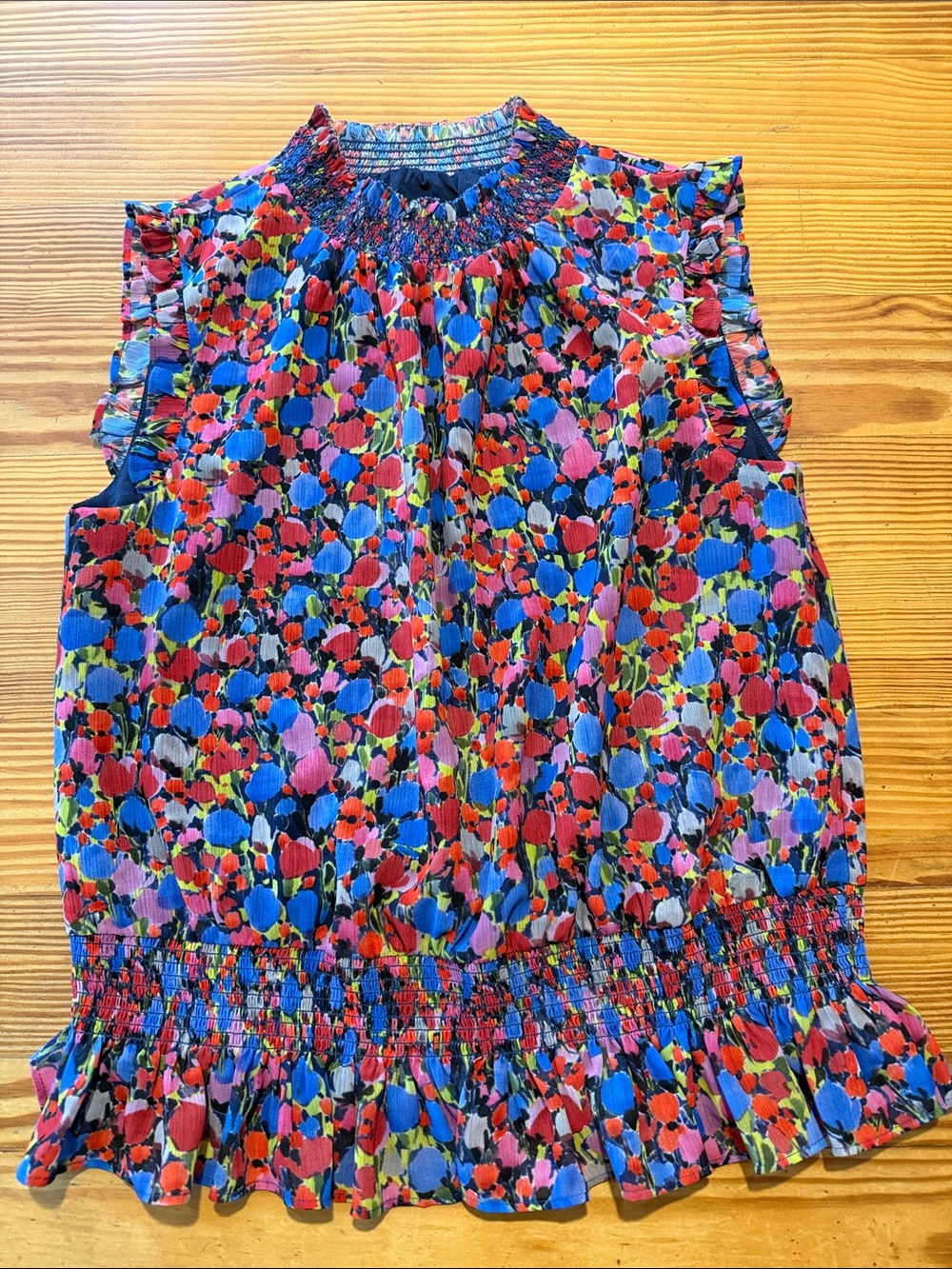 J. Crew Multicolor Floral Smocked Neck Ruffle Tank